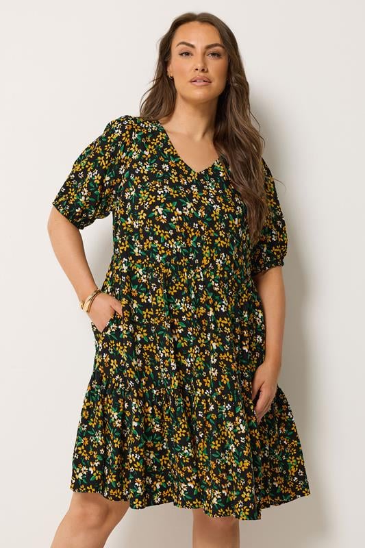  YOURS Curve Black Floral Tiered Mini Smock Dress