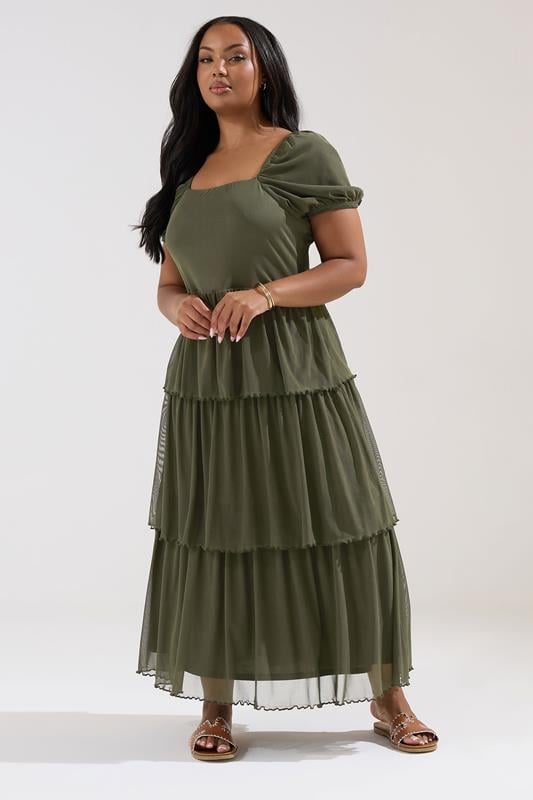 YOURS Plus Size Khaki Green Tiered Maxi Dress | Yours Clothing 1