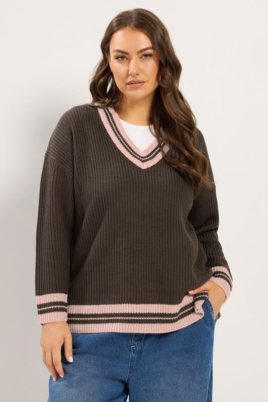  YOURS Curve Chocolate Brown Contrast Knitted Jumper