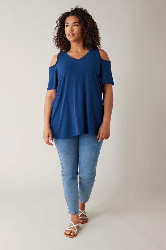 EVANS Curve Cobalt Blue Cold Shoulder Top | Evans 2