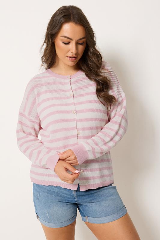 YOURS Plus Size Pink Stripe Knitted Cardigan | Yours Clothing 1