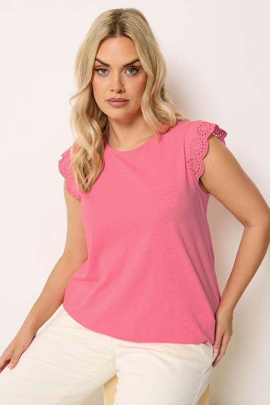  YOURS Curve Coral Pink Broderie Anglaise Frill Vest Top