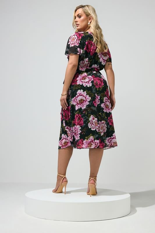 YOURS LONDON Plus Size Black & Pink Floral Wrap Dress | Yours Clothing 2