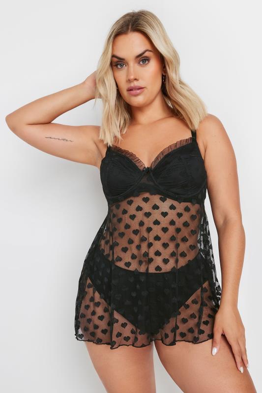 YOURS Curve Black Heart Mesh Underwired Babydoll | Yours Clothing  2