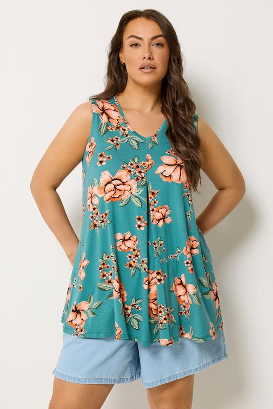  YOURS Curve Blue Floral Pleat Vest Top