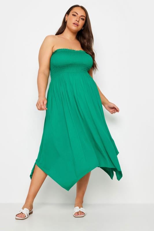 YOURS Plus Size Green Shirred Bandeau Midi Dress | Yours Clothing 1