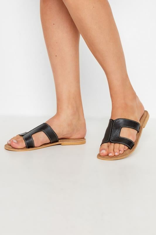 LTS Black Leather Cut Out Mule Sandals In Standard Fit | Long Tall Sally 1