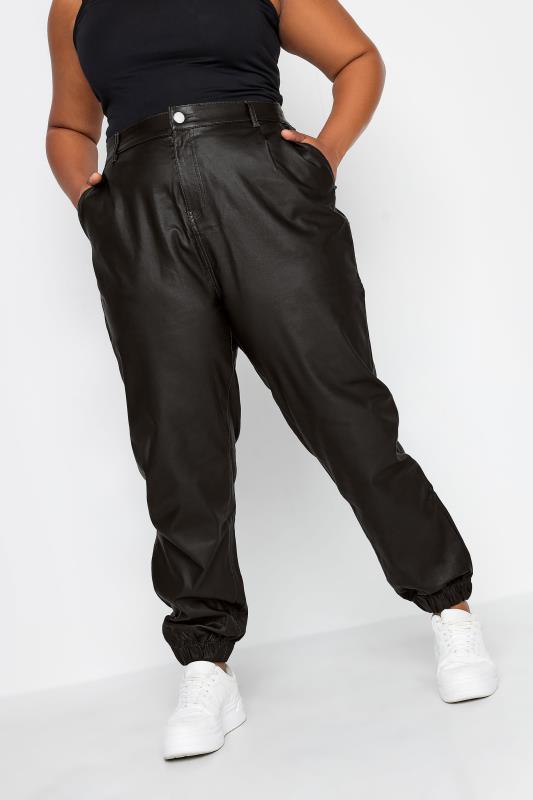 YOURS Plus Size Black Coated Cargo Trousers | Yours Clothing 1