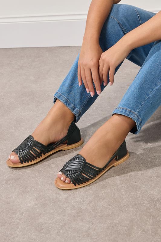 Black Leather Woven Flat Sandals In Wide E Fit & Extra Wide EEE Fit | Yours Clothing 1