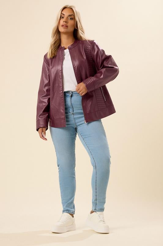 YOURS Plus Size Burgundy Red Biker Faux Leather Jacket | Yours Clothing 2