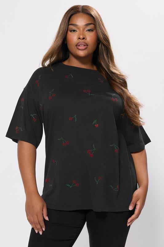  YOURS Curve Black Embellished Cherry Oversized T-Shirt