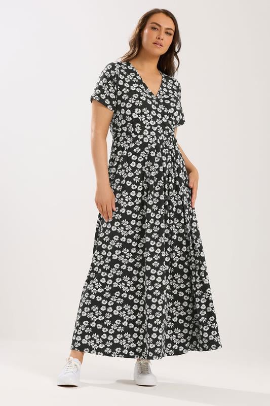 YOURS Curve Black Daisy Short Sleeve Wrap Maxi Dress