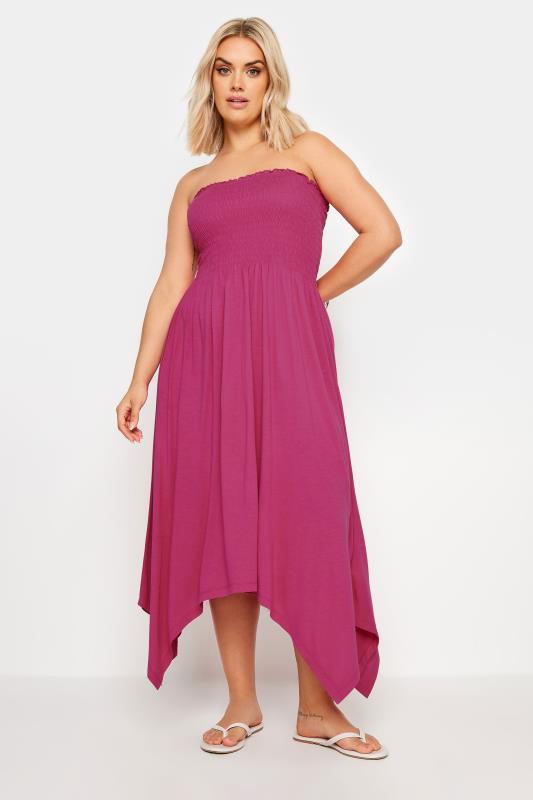 YOURS Plus Size Pink Shirred Bandeau Midi Dress | Yours Clothing 1