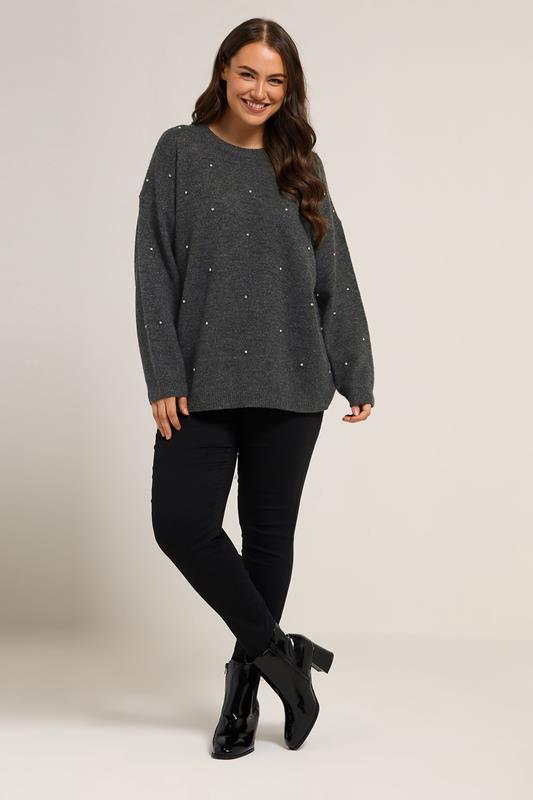 YOURS Plus Size Grey Embellished Front Jumper | Yours Clothing 1
