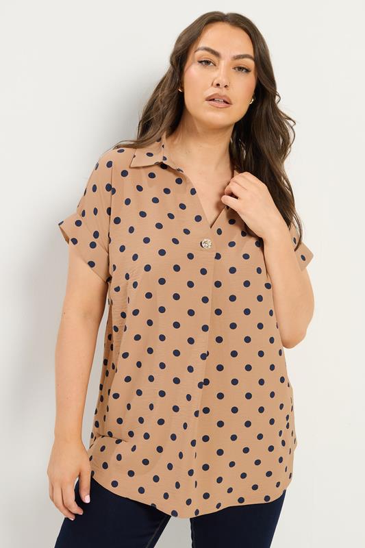  YOURS Curve Natural Brown Polka Dot Pleat Front Shirt