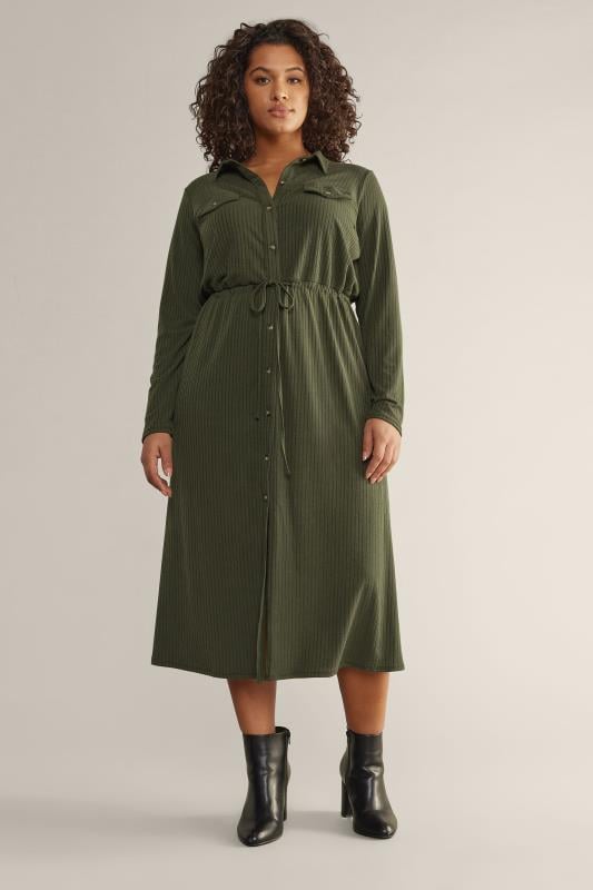 EVANS Plus Size Khaki Green Ribbed Utility Dress | Yours Clothing 1
