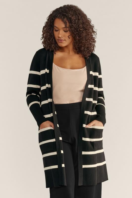 EVANS Plus Size Black & Ivory White Stripe Knitted Cardigan | Evans 1