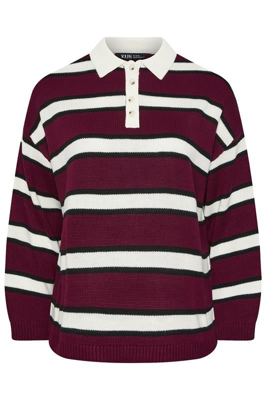 YOURS Plus Size Burgundy Red Striped Rugby Collar Jumper | Yours Clothing 6