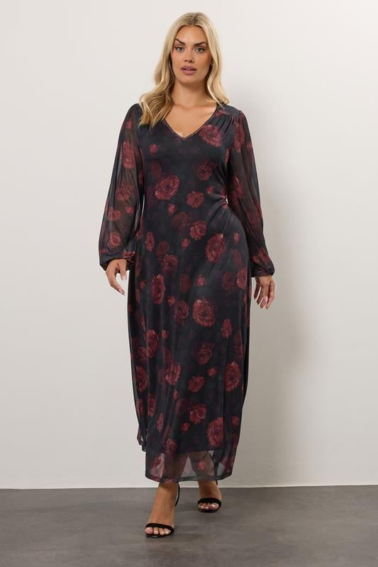 YOURS Plus Size Black Floral Mesh Maxi Dress | Yours Clothing 1