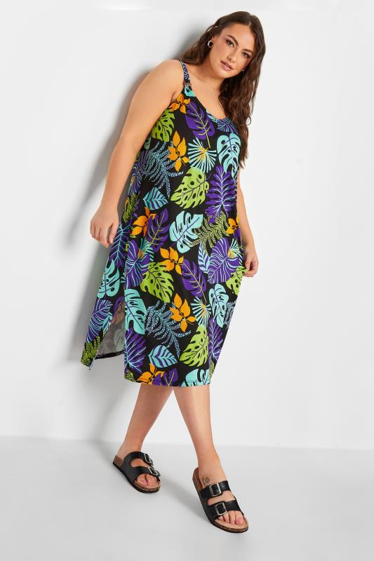 YOURS Curve Black Tropical Leaf Print Beach Dress | Yours Clothing 1