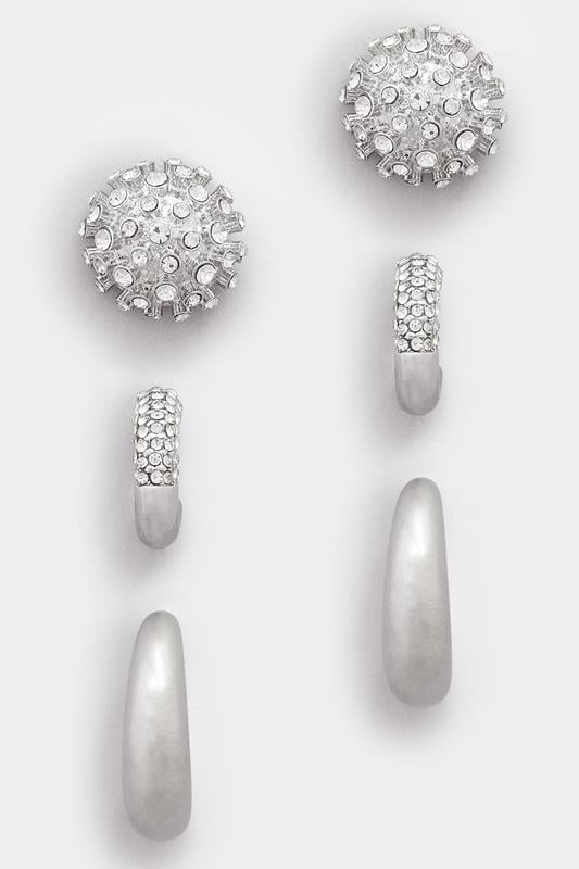  YOURSET 3 PACK Silver Tone Mixed Stud & Hoop Earring Set