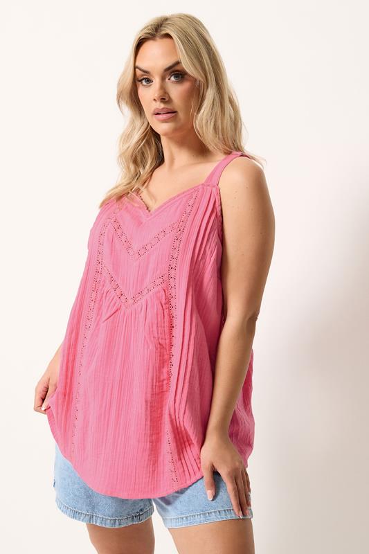 YOURS Plus Size Pink Crochet Insert Vest Top | Yours Clothing 1