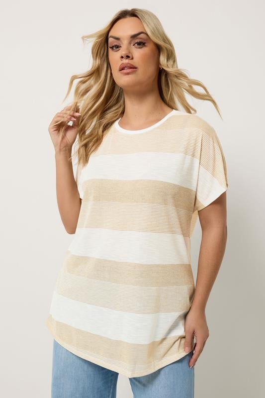  YOURS Curve Natural Brown & Gold Shimmer Stripe Top