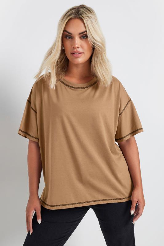 YOURS Plus Size Beige Brown Contrast Stitch T-Shirt | Yours Clothing 1