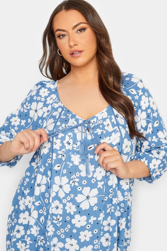 YOURS Plus Size Blue Floral Tie Neck Top | Yours Clothing 4