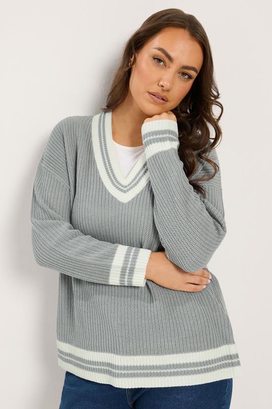 YOURS Plus Size Grey & White Knitted Tennis Jumper | Yours Clothing 1