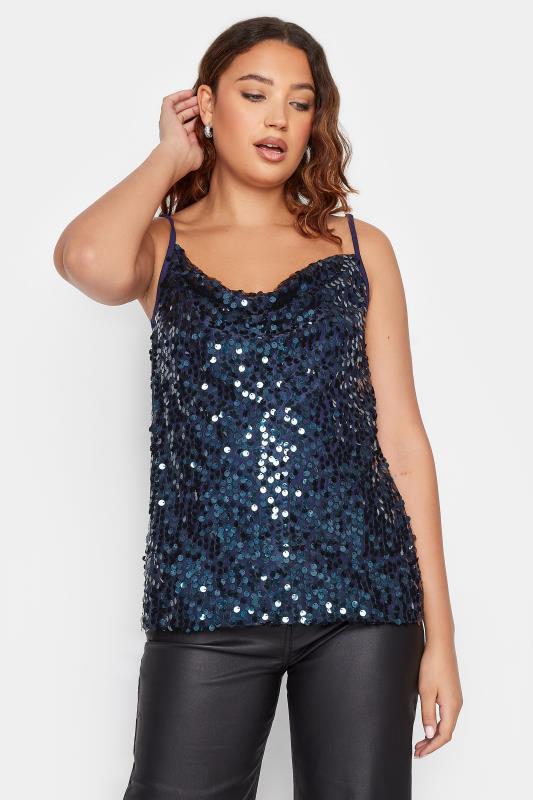 LTS Tall Navy Blue Sequin Cowl Neck Cami Top | Long Tall Sally 2