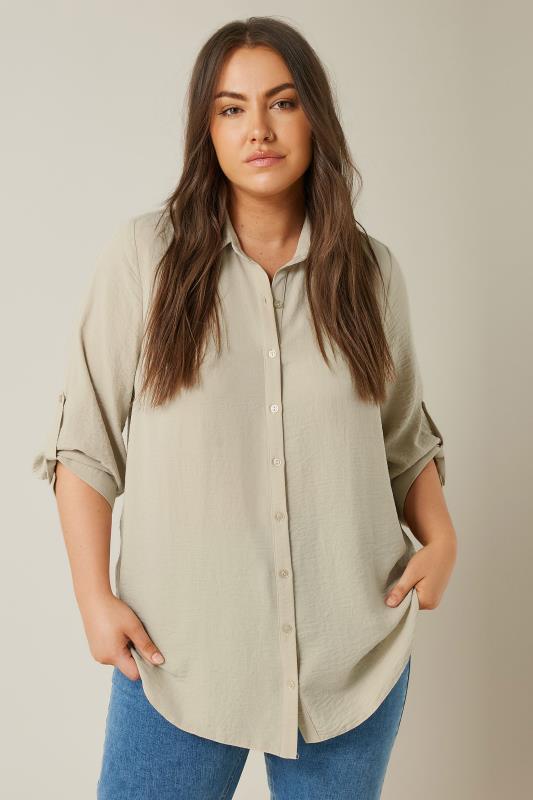 EVANS Plus Size Natural Brown Tab Sleeve Shirt | Evans 1