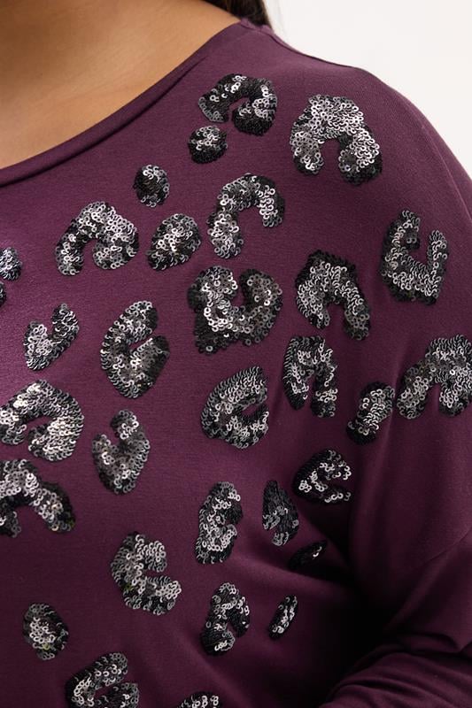 YOURS Plus Size Purple Leopard Sequin Long Sleeve Top | Yours Clothing 4