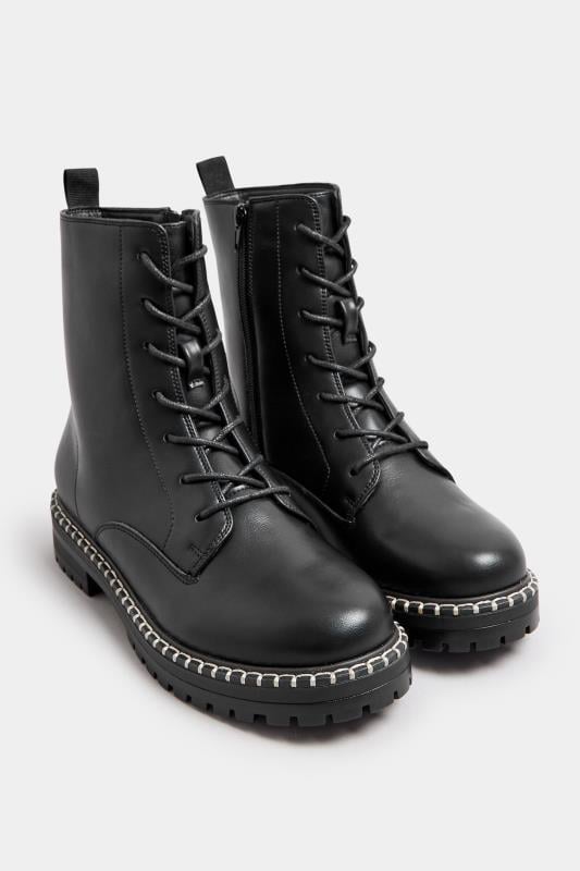 Black Faux Leather Contrast Stitch Boots In Wide E Fit | Yours Clothing  2