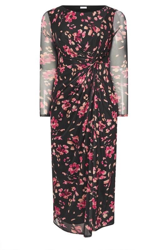 YOURS LONDON Plus Size Black Floral Mesh Side Knot Midi Dress | Yours Clothing 5