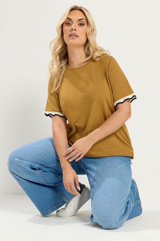  YOURS Curve Yellow Metallic Crochet Trim T-Shirt