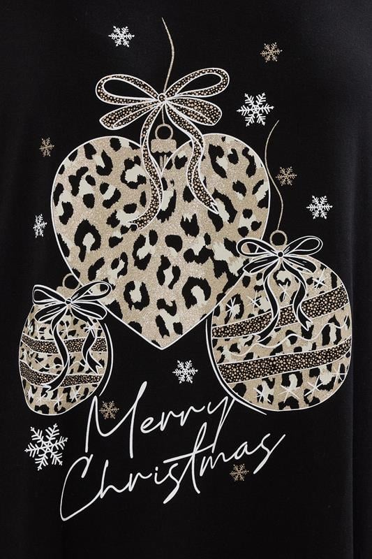 YOURS Plus Size Black Glitter Leopard Christmas Bauble Novelty Top | Yours Clothing 4