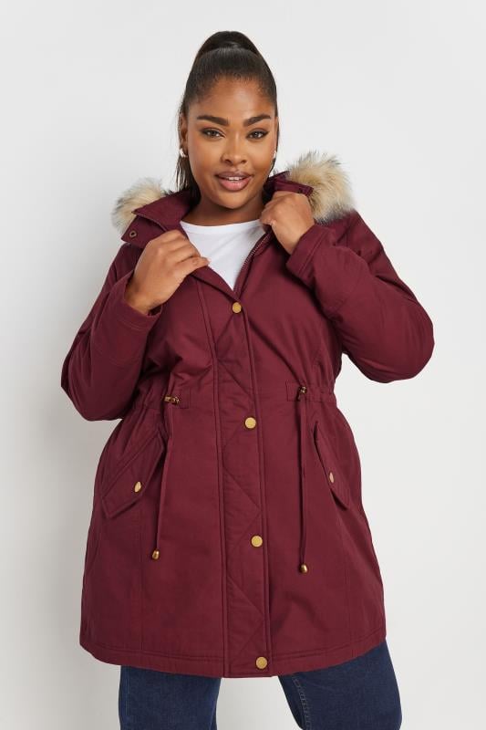 YOURS Plus Size Berry Red Faux Fur Trim Parka Coat | Yours Clothing 1