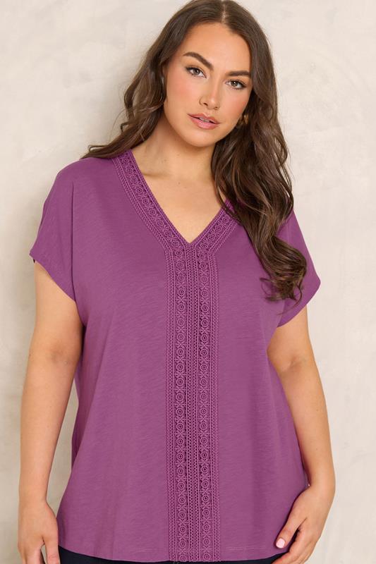  EVANS Curve Magenta Pink Cotton Crochet Trim Tee