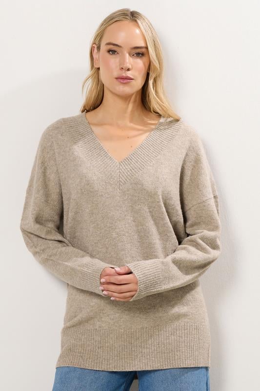 LTS Tall Natural Brown V-Neck Jumper