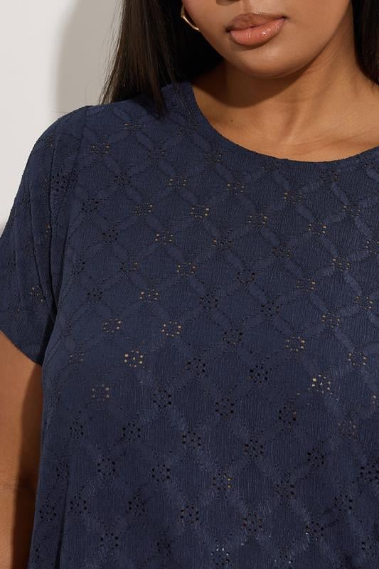 YOURS Plus Size Navy Blue Broderie Anglaise Textured Swing Top | Yours Clothing 4