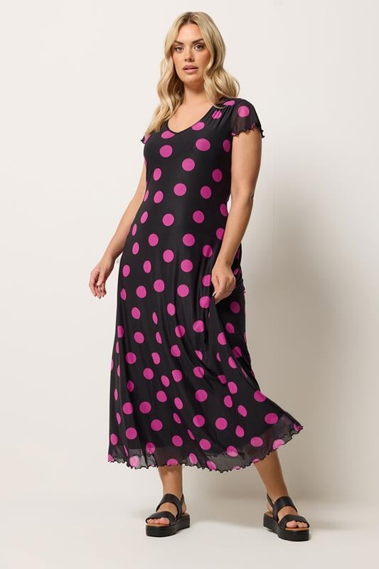  YOURS Curve Black & Pink Polka Dot Mesh Maxi Dress