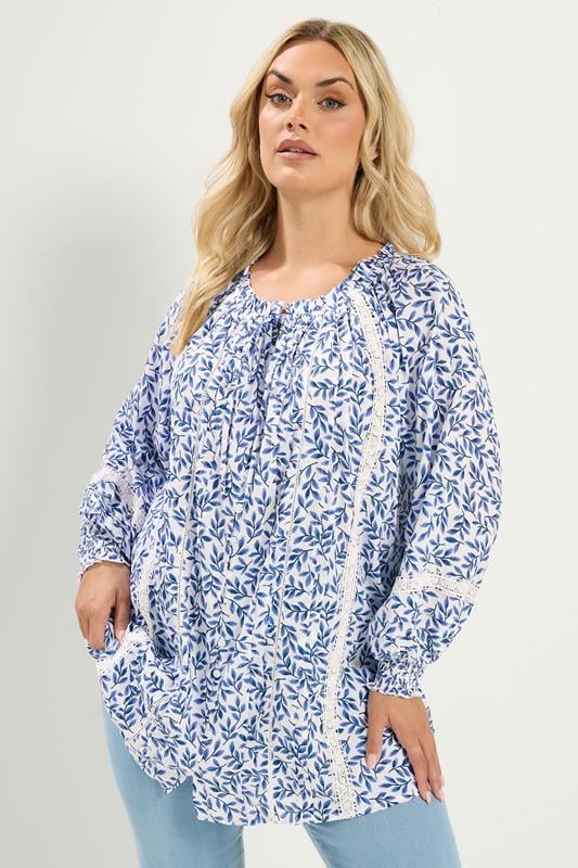 YOURS Plus Size Blue Leaf Pintuck Blouse | Yours Clothing 1