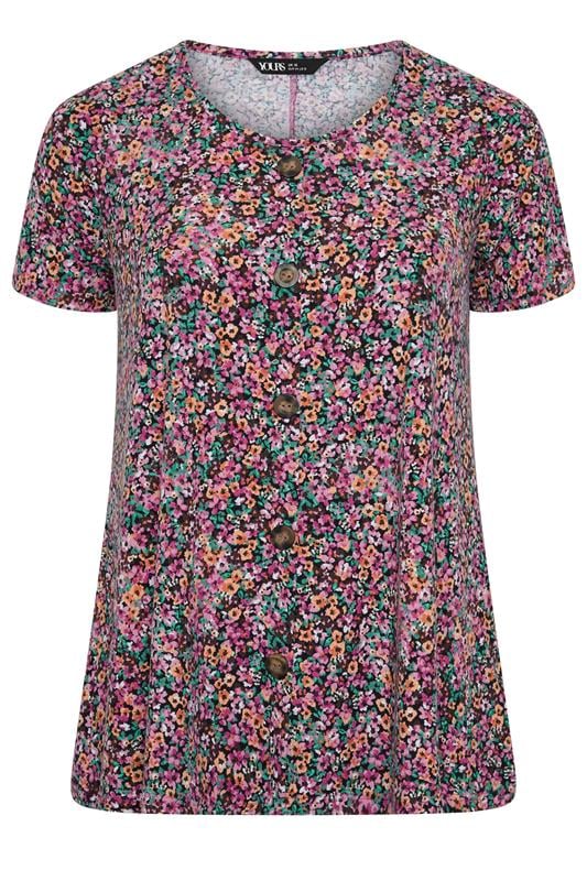 YOURS Plus Size Pink Ditsy Floral Ribbed T-Shirt | Yours Clothing 5