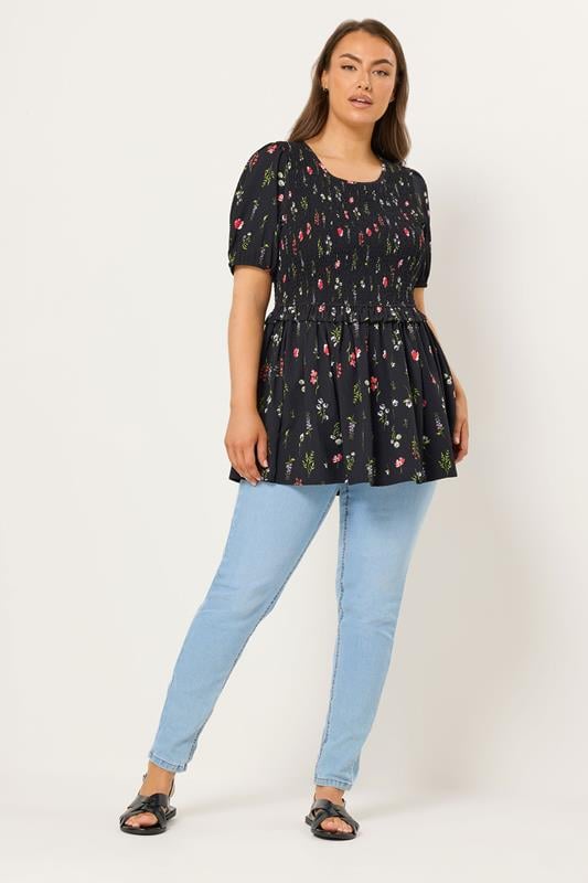 YOURS Plus Size Black Floral Shirred Peplum Top | Yours Clothing 1