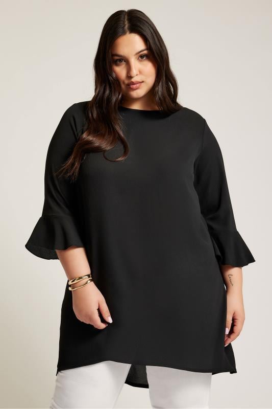 YOURS LONDON Plus Size Black Flute Sleeve Tunic | Yours Clothing 1