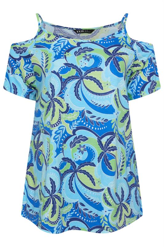 YOURS Plus Size Blue Palm Tropical Print Cold Shoulder Top | Yours Clothing 5