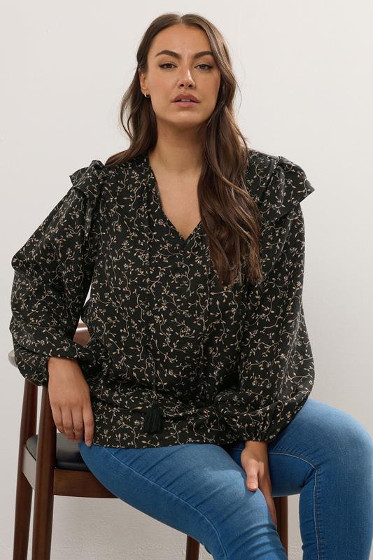  YOURS Curve Black Ditsy Leaf Print Frill Top
