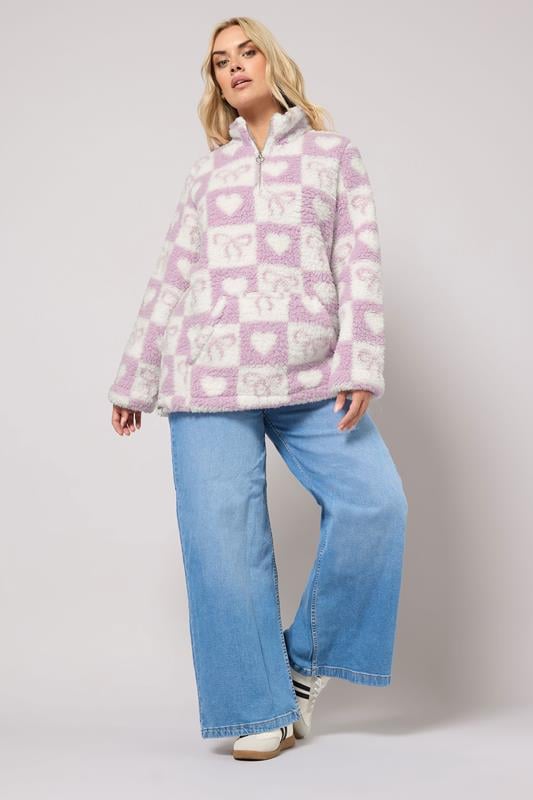 YOURS Plus Size Pink Check Quarter Zip Fleece Jacket | Yours Clothing 1