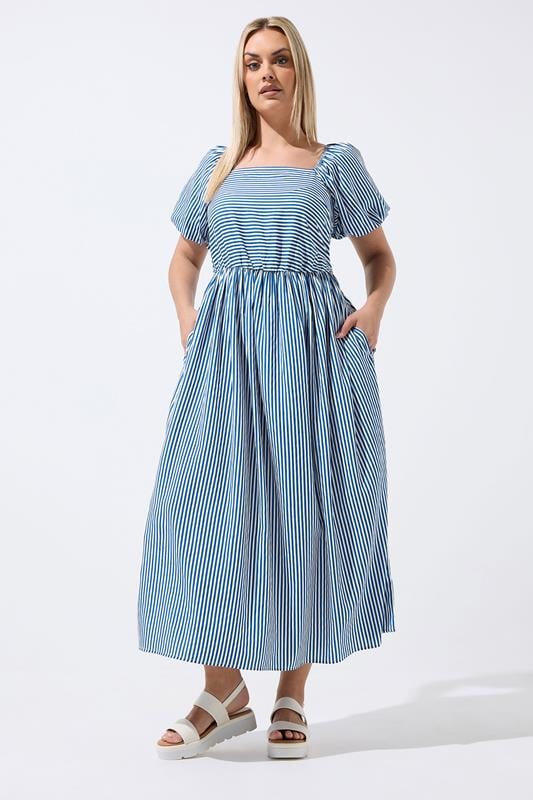 LIMITED COLLECTION Plus Size Blue Stripe Puff Sleeve Dress | Yours Clothing 1